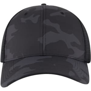 A black and grey camo six-panel low profile trucker cap featuring a mesh back and a logo on the front.