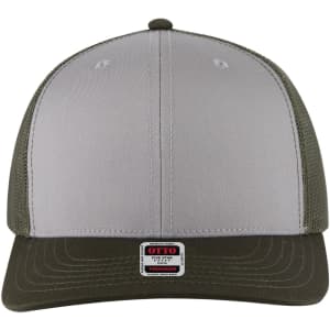A grey and olive green 6-panel mid profile trucker cap with a logo on the front.