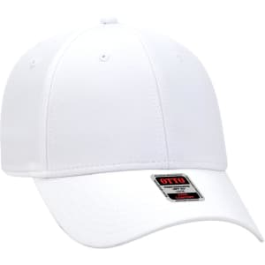 A white UPF 50+ 6 panel low profile baseball cap with a branded tag.