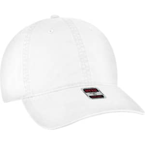 A white 6 panel low profile style dad cap with stitching details and a logo on the front.
