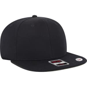 A black 6 panel mid-profile baseball cap with a flat brim and logo, featuring a simple and sleek design.