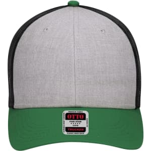 A grey and green 6-panel low profile trucker cap with a black mesh back and a logo on the front.