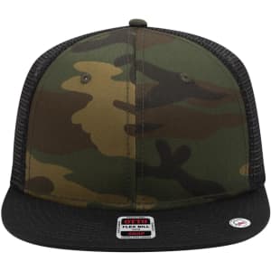 A camo-patterned 6 panel mid profile trucker cap with a black mesh back and a branded label on the front.