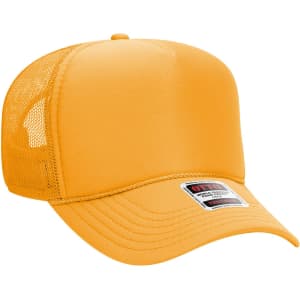 A yellow 5 panel mid-profile trucker cap with mesh side panels and a branded label on the front.