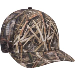 A camo low profile baseball cap featuring a mesh back with a pattern of brown and green foliage.