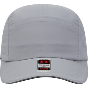 A reflective five-panel running cap in light grey, featuring a branded tag on the front.