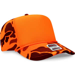 An orange and brown patterned 5 Panel High Crown Full Foam Cap with a logo.