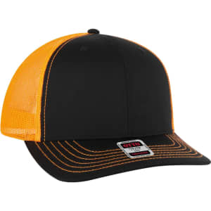 A black and orange 6-panel mid-profile trucker cap featuring a mesh back and a logo on the front.