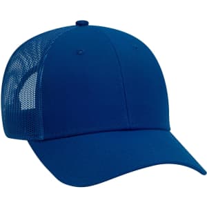 A blue 6 panel low profile trucker cap with a mesh back and a rounded peak. It features a logo on the front.