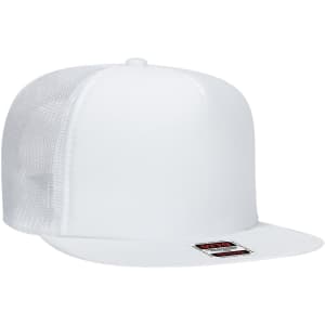 A white five-panel high crown trucker cap with a mesh back and a branded label on the front.
