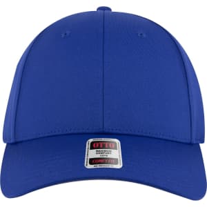 A blue six-panel low profile baseball cap with a logo on the front and a curved peak.