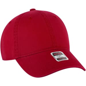 A red 6-panel low profile dad cap with an adjustable strap and a logo on the side.