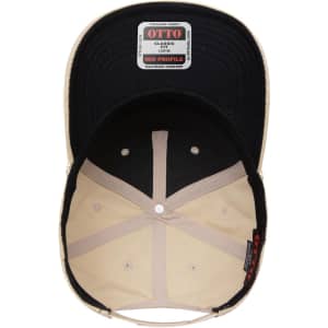 A mid-profile baseball cap in beige and black with a logo, featuring a structured design and an open interior.