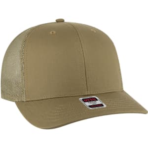 A tan 6 panel mid profile trucker cap with mesh sides and a branded label on the front.
