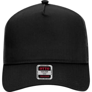 A black 5 panel mid profile trucker cap with a mesh back and a label on the front.