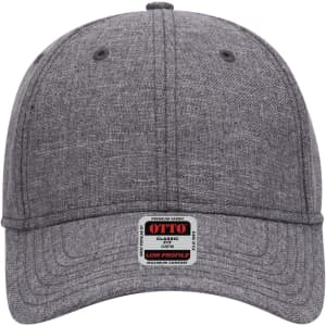 A grey low profile baseball cap featuring a slight texture and a logo tag on the front.