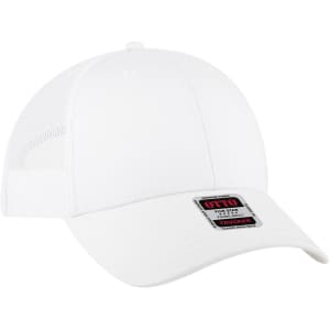 A white low profile trucker cap with a mesh back and a branded label on the front.