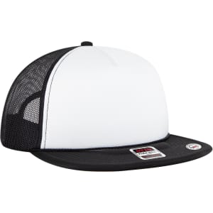 A five-panel style trucker cap in white and black, featuring a mesh back and a branded patch.