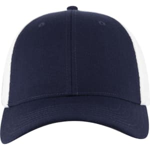 A navy blue trucker cap with a low profile and white mesh sides. It features a logo on the front.