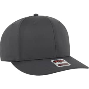 A grey 6 panel pro style snapback hat featuring a visor and a logo tag.
