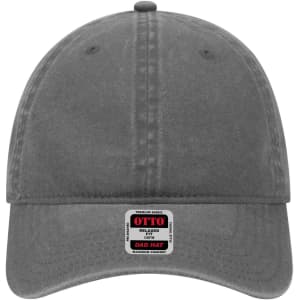 A grey 6-panel low profile dad cap with a logo on the front and a curved peak.