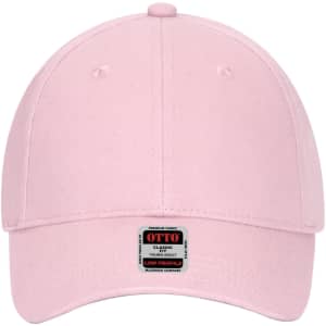 A pink 6-panel low profile baseball cap with a logo label on the front.