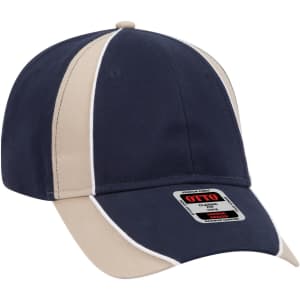 A low-profile baseball cap featuring navy and beige panels, with a logo on the front.