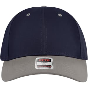 A navy and grey 6-panel low profile baseball cap with a logo on the front and ventilation eyelets.