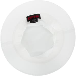 A white bucket hat with an inner label and a circular crown design. Features a simple, lightweight style.