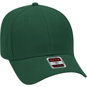 A green 6 panel low profile baseball cap with a logo on the front.