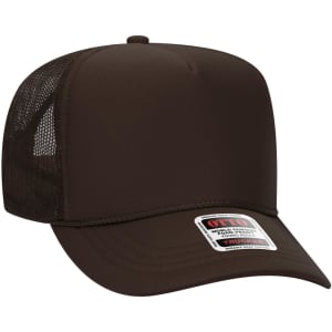 A brown high crown trucker cap with mesh sides and a logo label on the front. Perfect for casual wear.