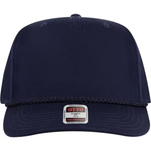 A navy blue 5 panel mid-profile baseball cap with a braided trim and a label on the front.