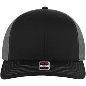 A black and grey six-panel mid-profile trucker cap with a mesh back and a logo on the front.