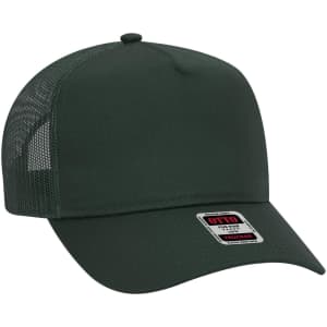A green 5 panel mid profile trucker cap featuring a mesh back and a label on the front.