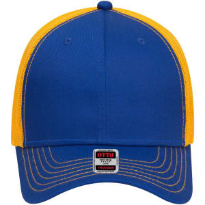 A blue and yellow 6 panel low profile trucker cap with a mesh back and a logo on the front.