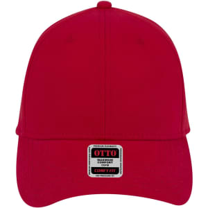 A red low profile baseball cap featuring a logo on the front and a branded label on the brim.