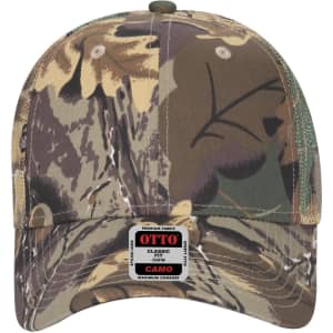 A camo 6 panel low profile trucker cap in shades of green, brown, and tan with a logo on the front.
