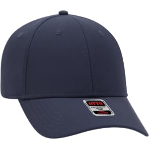 A navy blue 6-panel low profile baseball cap with a logo on the side.