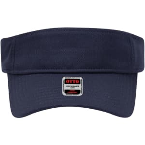A navy blue sun visor with a wide brim and a branded label.