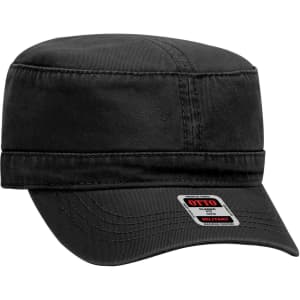 A black military-style hat with a structured crown and a short brim, featuring a branded label.