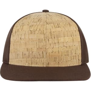 A snapback cap featuring a textured tan cork front and a brown fabric brim, complete with a logo.