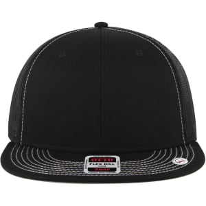 A black 6-panel mid profile trucker cap with a grey undervisor and a visible logo on the front.