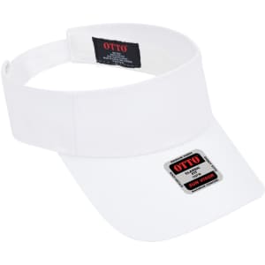 A white sun visor with a wide brim and an adjustable band, featuring a logo on the interior.