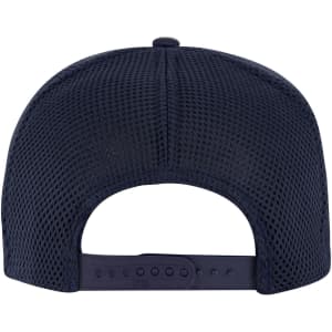 A navy blue 5 panel high crown air mesh back trucker hat featuring a snapback closure and a logo.