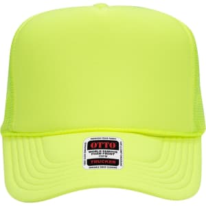 A bright yellow 5 panel high crown trucker cap with a mesh back and a logo label on the front.