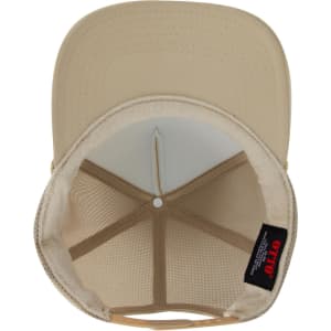 A beige high crown trucker hat featuring an air mesh back and a branded label inside.