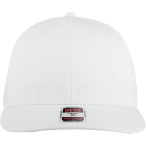 A white 6 panel pro style snapback hat with a branded label on the front.