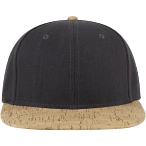 A cap with a flat brim featuring a dark fabric upper and a light cork-patterned peak, complete with a logo.