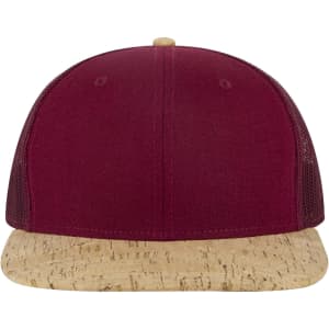 A mid-profile trucker cap featuring a maroon front and a cork brim, complemented by mesh sides and a logo.