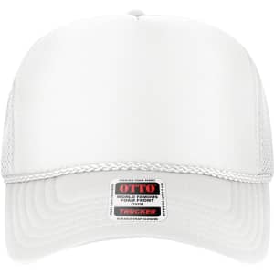 A white 5 panel high crown air mesh back trucker hat with a label and a mesh design for ventilation.
